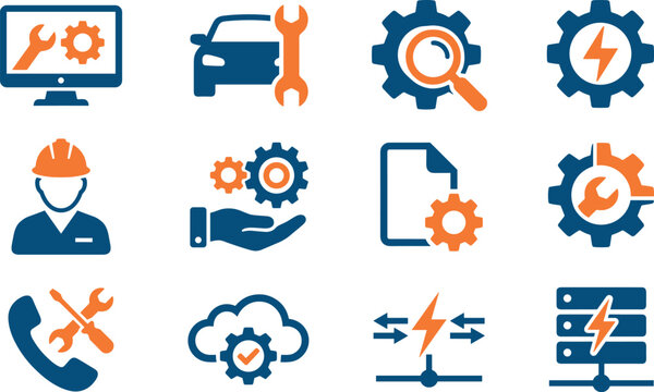 Flat engineering icon set for industrial maintenance tech support and automotive repair service metadata.