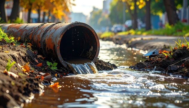 A rusty metal pipe discharges murky water into a shallow, dirty stream or drainage ditch beside a road