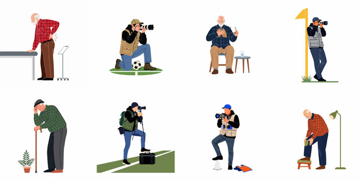 Set of illustrations featuring professional sports photographers at work and elderly men suffering from various physical health issues and pains.