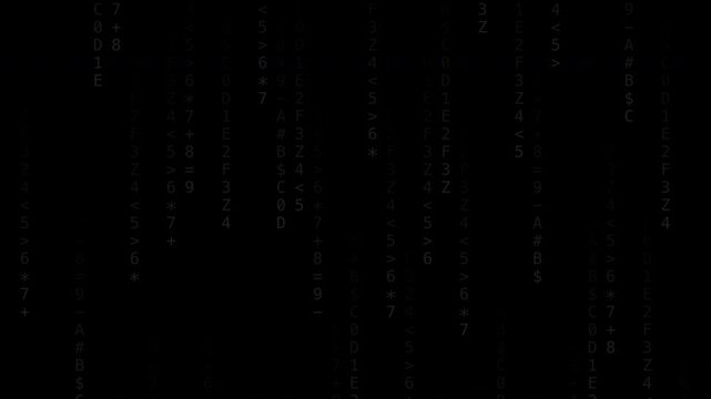 Black digital code characters raining down cyber style, transparent background loop animation