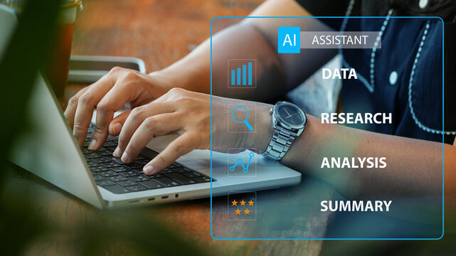 Businesswoman using AI assistance interface for data research and analysis on laptop