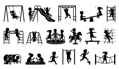Children playing silhouette vector set with playground equipment swings slides ladders climbing and active outdoor kids isolated on white background © MdShojib