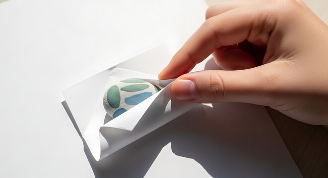 Hand holding a small white paper wrapped around painted stone