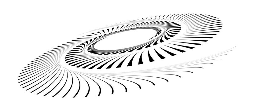 Toroidal spiral of radial line bundles in perspective projection on white, evoking a turbine, feather, or peacock motif, ideal for science, nature editorial, and avant-garde poster design.