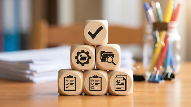 Wooden blocks stacked in a pyramid showing business management and administrative workflow icons on a desk.