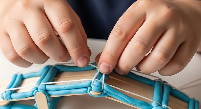 Child hands building a bridge with blue clay and sticks
