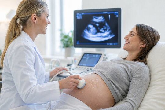 A doctor conducts an ultrasound examination on a pregnant woman in a modern clinic. Prenatal care and health monitoring.