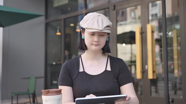 Young East Asian woman using a tablet while seated at an outdoor cafe table with a beverage cup nearby.