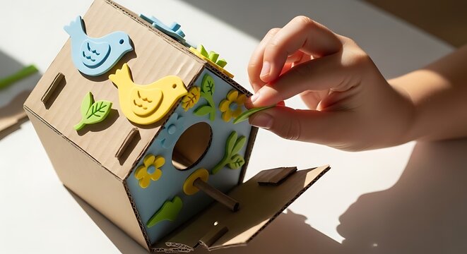 Child decorating a small cardboard birdhouse with colorful foam stickers