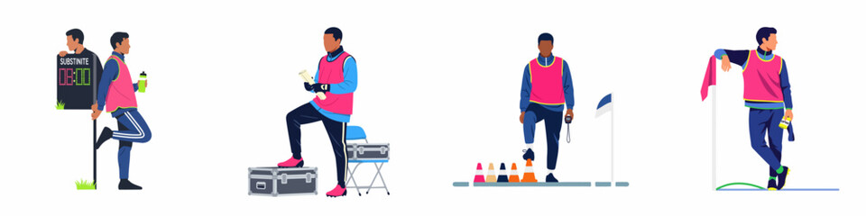 Set of flat vector illustrations featuring diverse male soccer coaches and staff in various training and match-day scenarios on a white background. © Muqodimatul