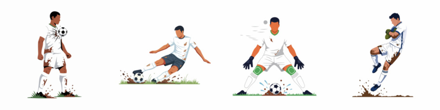 Flat vector illustration set of soccer players and goalkeepers in action, covered in mud on a field, representing competitive spirit and intense sports gameplay.