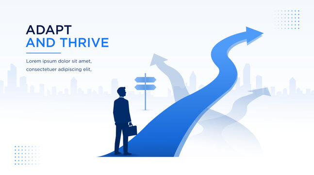 Adapt And Thrive, Business Adaptation, Change Management, Career Growth, Business Direction vector banner with businessman choosing a successful path. Modern corporate presentation template