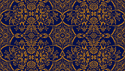 Intricate golden floral and geometric pattern on a deep blue background, creating a luxurious and ornate decorative textile design. © Roma