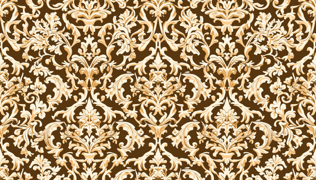 Elegant brown and beige damask pattern with intricate baroque floral and foliate motifs, creating a luxurious and classic background design.