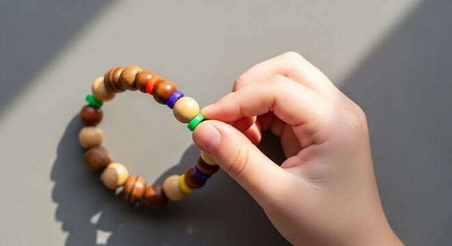 Hand holding a colorful wooden bead bracelet with bright accents