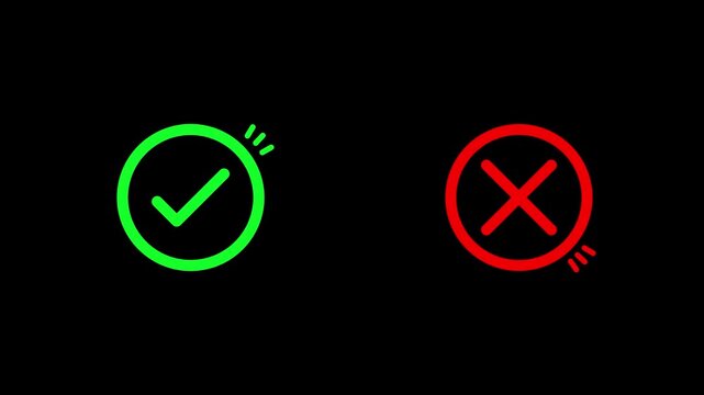Animated Green Check Mark and Red Cross Icons for Approval, Rejection, Validation, Success, Error, UI Feedback and Decision Concepts