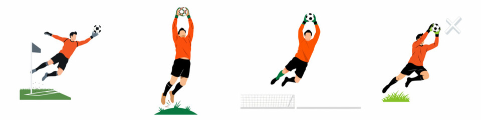 Professional soccer goalkeeper illustrations set featuring various action poses such as jumping, diving and catching the ball, isolated on white background. © Muqodimatul