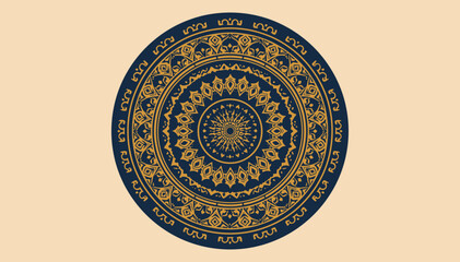An intricate golden and navy blue circular mandala design with detailed floral and geometric patterns on a light beige background, showcasing traditional ornamental art. © Roma