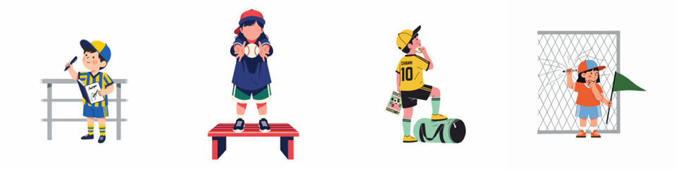 Set of Illustrations Depicting Children Engaged in Various Sports Activities and Fan Culture, Including Soccer and Baseball Themes