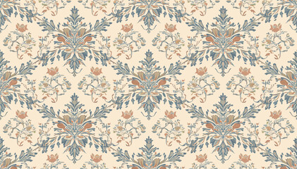 Seamless vintage damask pattern with intricate floral and leaf motifs in muted blue, orange, and cream tones. © Roma