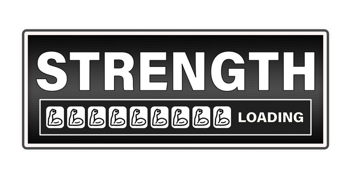 Motivational bodybuilding and weightlifting graphic banner for gym showing strength training progress via a muscle icons progress bar