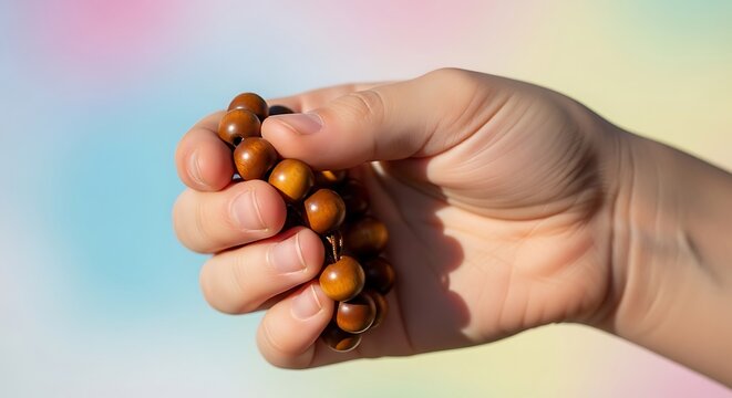 Human hand holding smooth wooden prayer beads for spiritual meditation practice