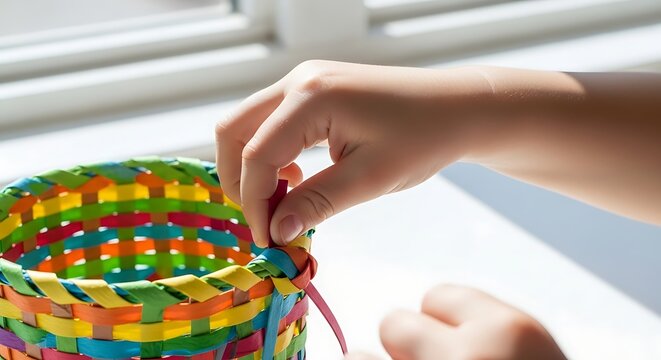 Small child weaving a colorful paper basket with bright strips