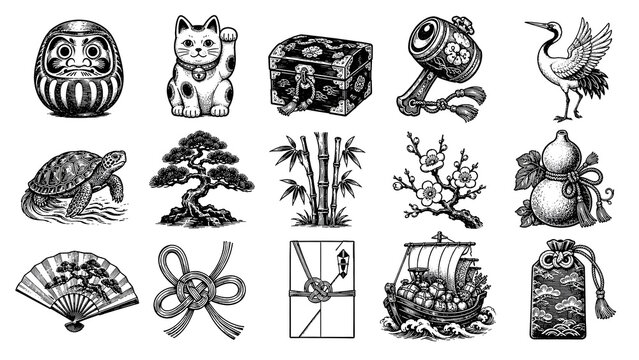 Japanese Lucky Symbols Collection &ndash; Daruma, Maneki Neko, Crane, Mizuhiki and Auspicious Gift Icons