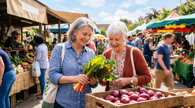 Two senior women buying fresh organic vegetables at a sunny farmers market. Sustainable lifestyle and shopping.