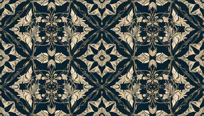 Ornate seamless pattern with intricate gold and dark blue botanical motifs, creating a luxurious and elegant repeating design. © Roma