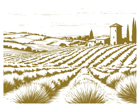 Rural landscape: rolling fields, windmill, farmhouses and cypress trees. Vector illustration, Hatching pattern, suitable for restaurant menus, labels, postcards, backgrounds