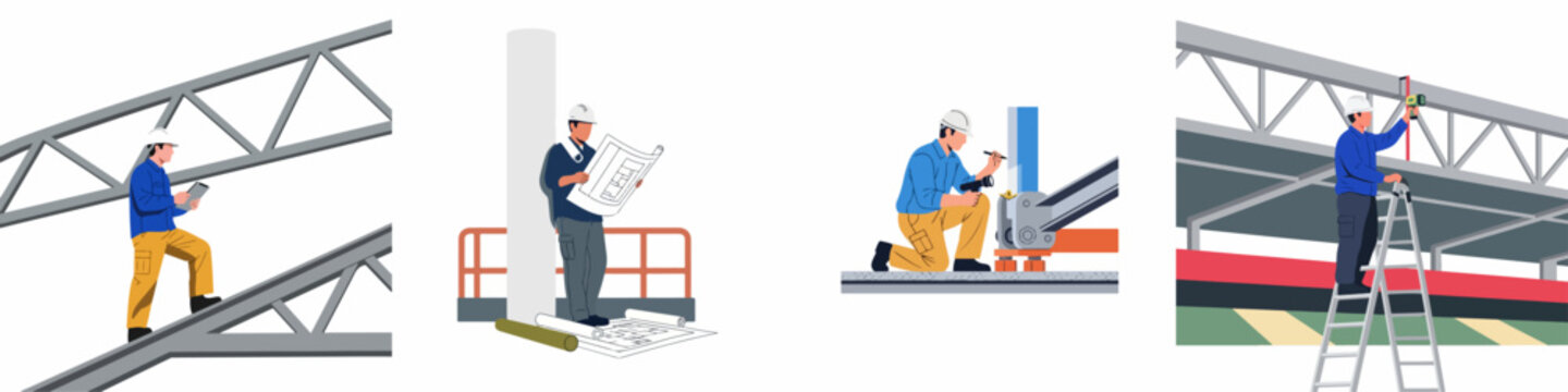 Set of illustrations depicting professional construction workers and engineers conducting structural inspections, measurements, and planning on industrial building sites.