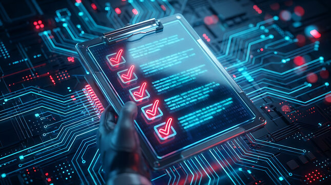 A digital clipboard showing a completed checklist over a glowing blue and red circuit board background.