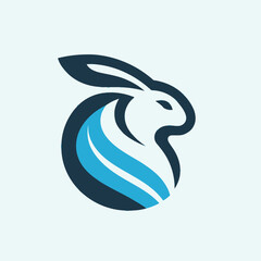 Obraz premium A modern minimalist logo featuring a stylized rabbit's head and body in dark blue and light blue, integrated into a circular design with flowing wave elements.