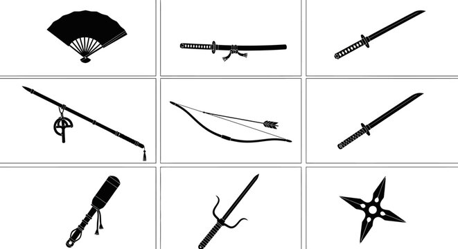 Japanese Samurai Weapon Silhouettes, Traditional Ninja Combat Equipment Set, Black Martial Arts Icons with Katana and Shuriken, 9 Vector Elements