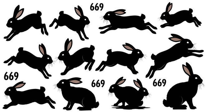 Black rabbit animation sequence vector, jumping hare movement cycle with 669 numbering, flat silhouette bunny character sprites for game design