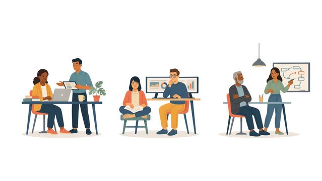 Group of diverse people having a casual meeting in a modern office setting with whiteboard Vector
