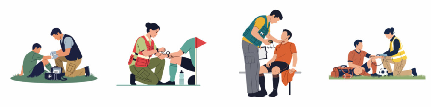 Vector illustrations showing paramedics and medical staff providing first aid and emergency assistance to injured athletes in various sports settings.