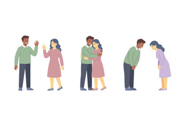 Fototapeta premium Couple Greeting Gestures Set with Waving Hugging and Bowing