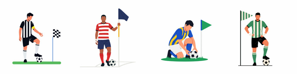 Collection of four flat character illustrations of professional soccer players in different team uniforms standing on the field near a corner flag. © Muqodimatul