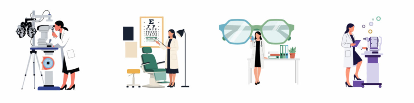 Professional Ophthalmology and Optometry Illustration Set featuring Eye Exams, Vision Tests, and Medical Equipment on a White Background
