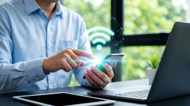 Person using smartphone with holographic Wi-Fi and network nodes - wireless connectivity, internet access, mobile networking, and digital communication concept