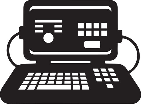 black and white vector illustration of a vintage computer with keyboard and monitor isolated on transparent background