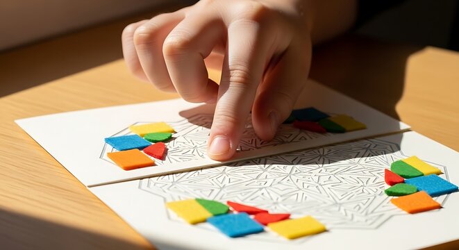 Small child playing with colorful felt shapes on patterned paper