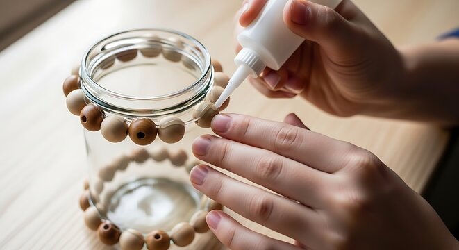 Person carefully gluing wooden beads onto a clear glass jar