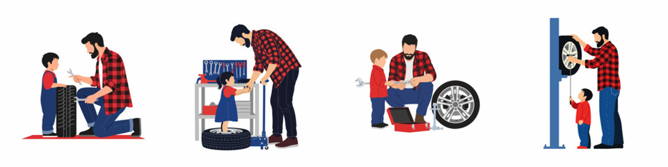 Obraz premium Flat vector illustration set of a father and child repairing a car together, featuring tire changing, tool use, and garage bonding activities.