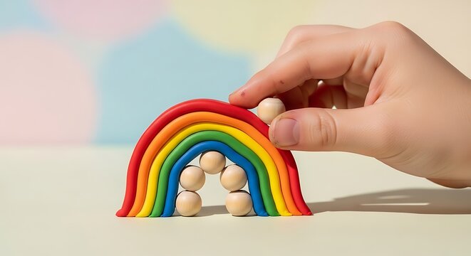 Child hand placing small wooden bead on colorful clay rainbow