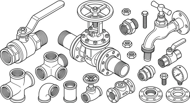 Industrial plumbing valve and pipeline component vector set featuring ball valves and gate valves,