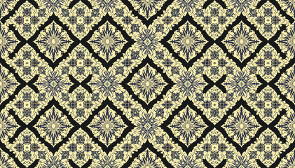 Intricate seamless pattern with geometric diamond shapes and floral motifs in black and beige, creating a decorative textile design. © Roma