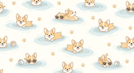 Obraz premium Cute cartoon corgi puppies swimming in bubbles playful watercolor illustration